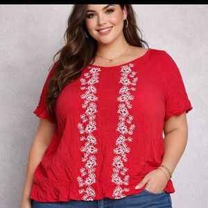 C.D Daniels Elegant Red Blouse with White Embroidery Plus Size 1X